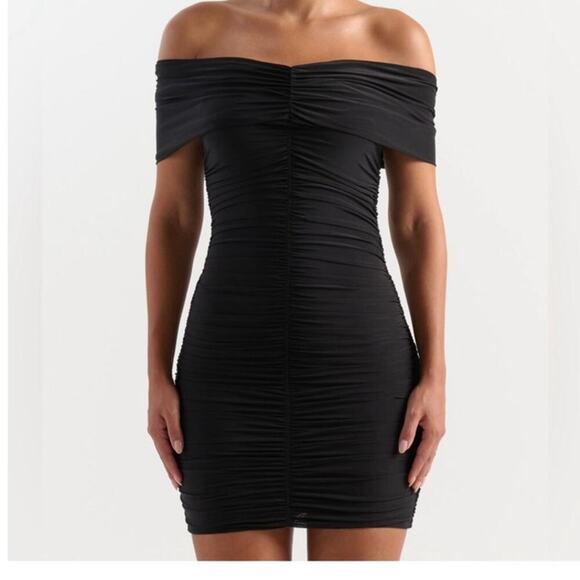 Naked Wardrobe Go black off the shoulder rushed mini dress size medium - Picture 1 of 9